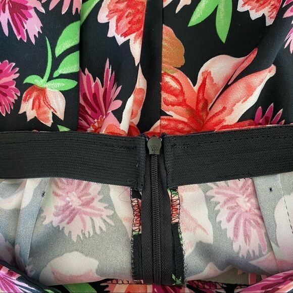 Black, Pink, and Green Vibrant Floral Print A-Line Skirt w/ Zipper and Elastic - Picture 7 of 7